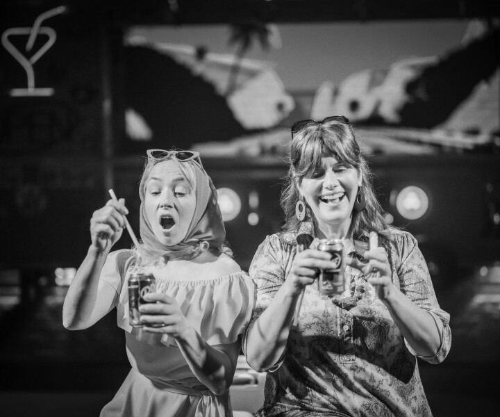 Izrādē divas dāmas komiskā reibuma stāvoklī piedzīvo neveiksmīgu notikumu virkni un atsakās uzņemties atbildību par savu rīcību. Ieva Puķe – Telma, Elīna Vāne – Luīze. Skats no izrādes «Telma un Luīze». Foto – Mārtiņš Vilkārsis