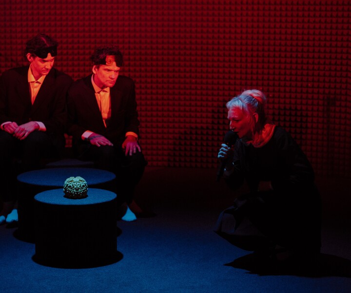 Daudzos mīt iekšējais skeptiķis un ciniķis blakus aizrautīgam, varbūt naivam pētniekam. Gerds Lapoška, Vilis Daudziņš, Guna Zariņa – Semija. Skats no izrādes «Apbrīnas ieleja». Foto – Andrejs Strokins